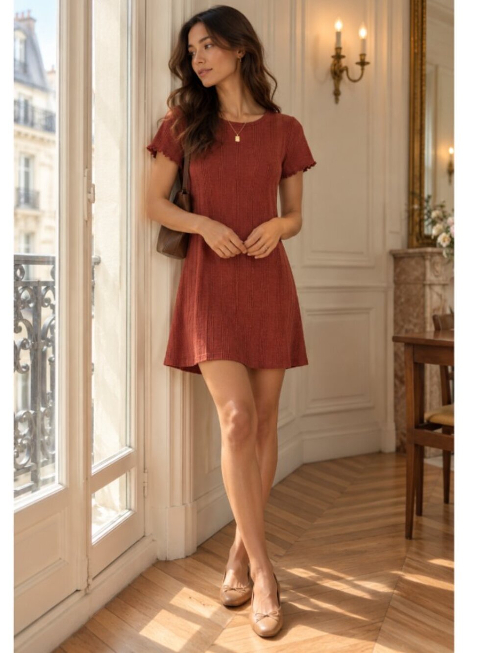☀️ AMERICAN EAGLE Ribbed Knit Mini Dress Rust Short Sleeve Ruffle Sleeve Small